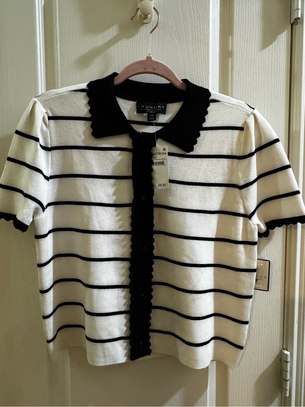 Laundry By Shelli Segal Black and Cream Striped Polo Sweater